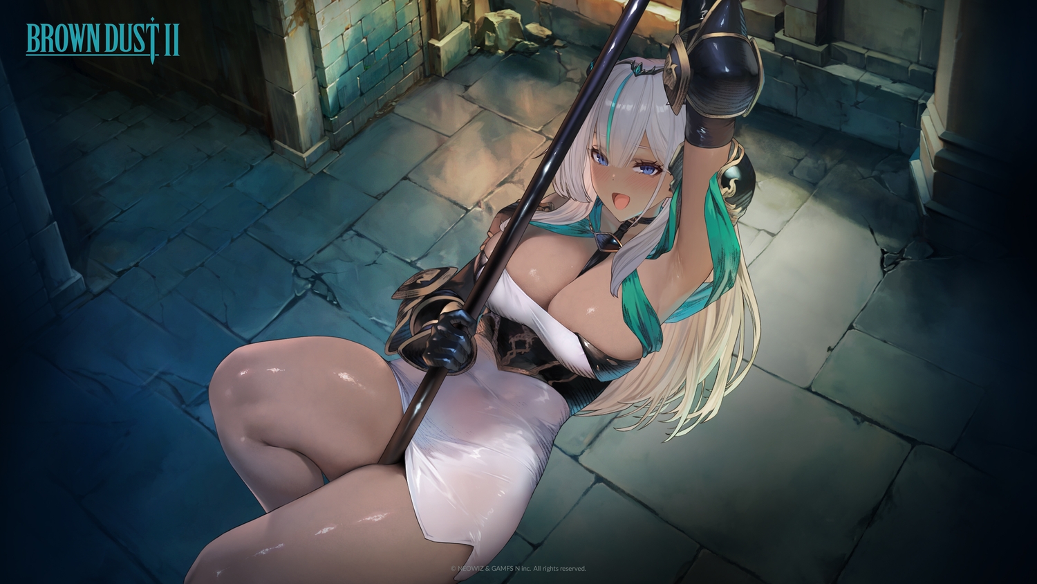aliasing, armor, blue_eyes, blush, breasts, brown_dust_2, choker, cleavage, dark_skin, dress, gloves, gray_hair, headdress, logo, long_hair, nebris_(brown_dust_2), skintight, tagme_(artist), watermark, weapon