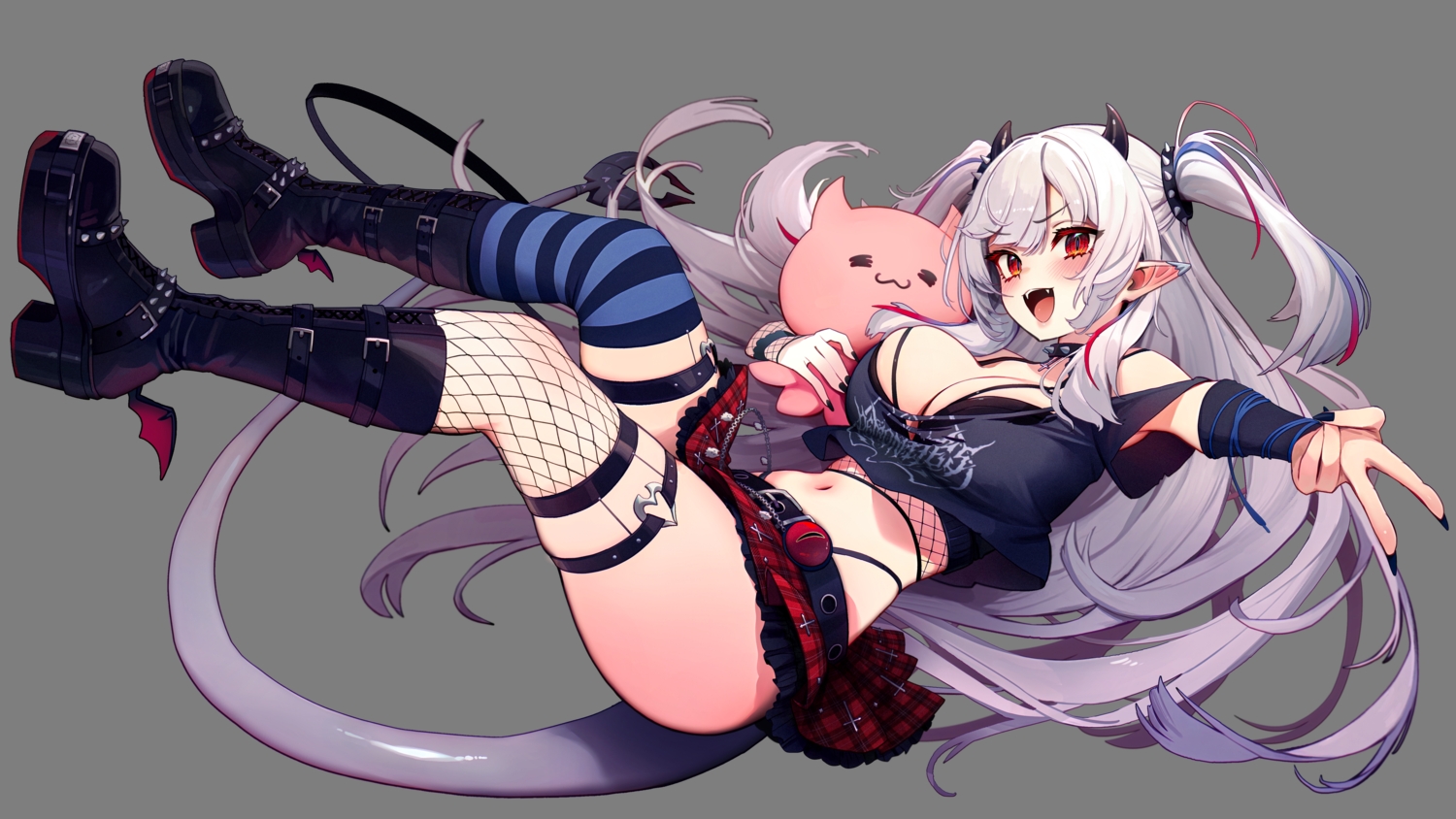 boots, breasts, cleavage, clickdraws, demon, fang, garter, gray_hair, horns, long_hair, lucy_pyre, navel, pointed_ears, red_eyes, skirt, tail, thighhighs, torn_clothes, transparent, twintails, wristwear