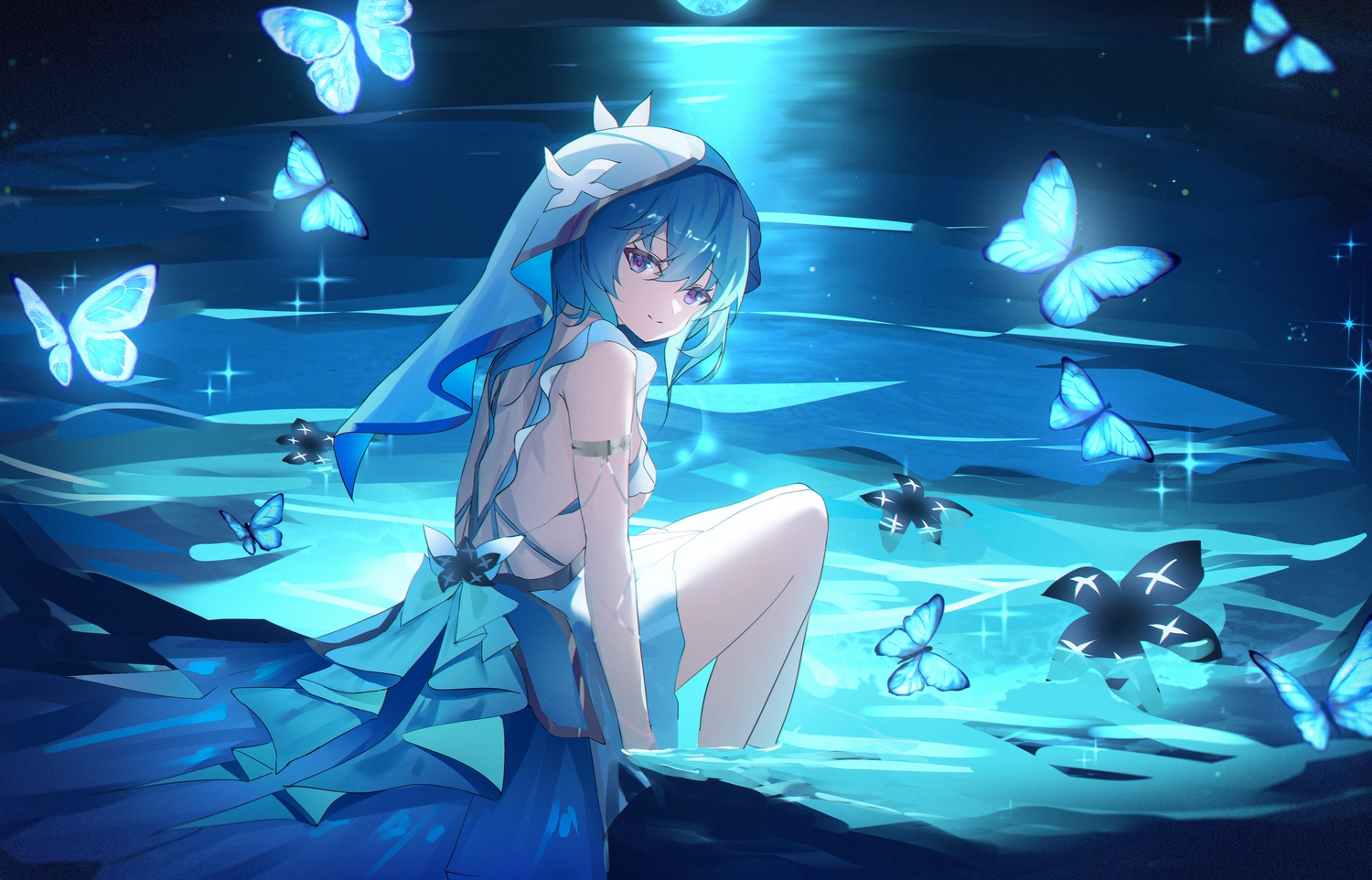 aqua_hair, butterfly, dress, flowers, headdress, purple_eyes, shorekeeper_(wuthering_waves), usagi_(786113654)
