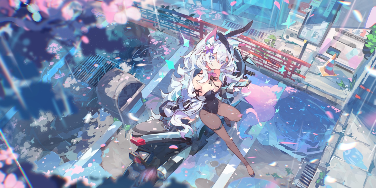 animal_ears, breasts, bunny_ears, bunnygirl, catgirl, cherry_blossoms, cleavage, flowers
