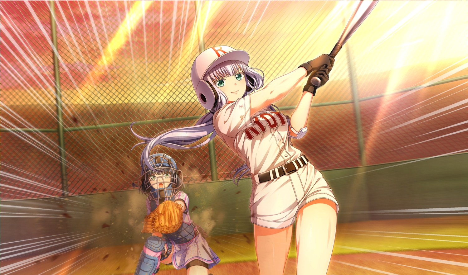 2girls, animal, baseball, brown_hair, game_cg, gloves, green_eyes, hachigatsu_no_cinderella_nine, nakata_nao, pink_hair, sport, sunset, suzuki_waka, tagme_(artist), tamayomi, uniform