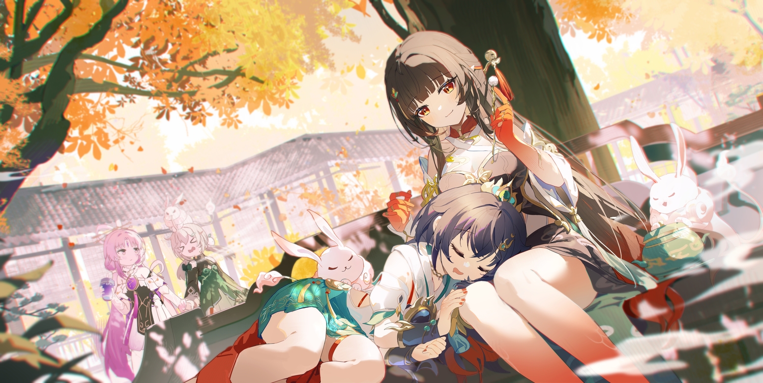 animal, autumn, black_hair, blush, breasts, brown_eyes, brown_hair, building
