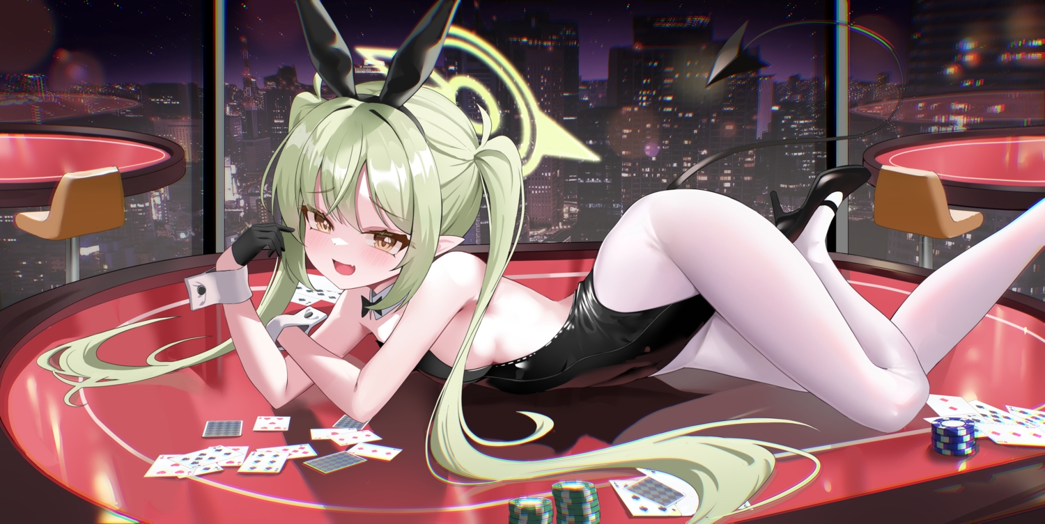 animal_ears, blue_archive, blush, brown_eyes, building, bunny_ears, bunnygirl, city, fang, gloves, green_hair, halo, headband, j.j_(66752902), long_hair, night, pantyhose, pointed_ears, tachibana_nozomi, tail, twintails, wristwear