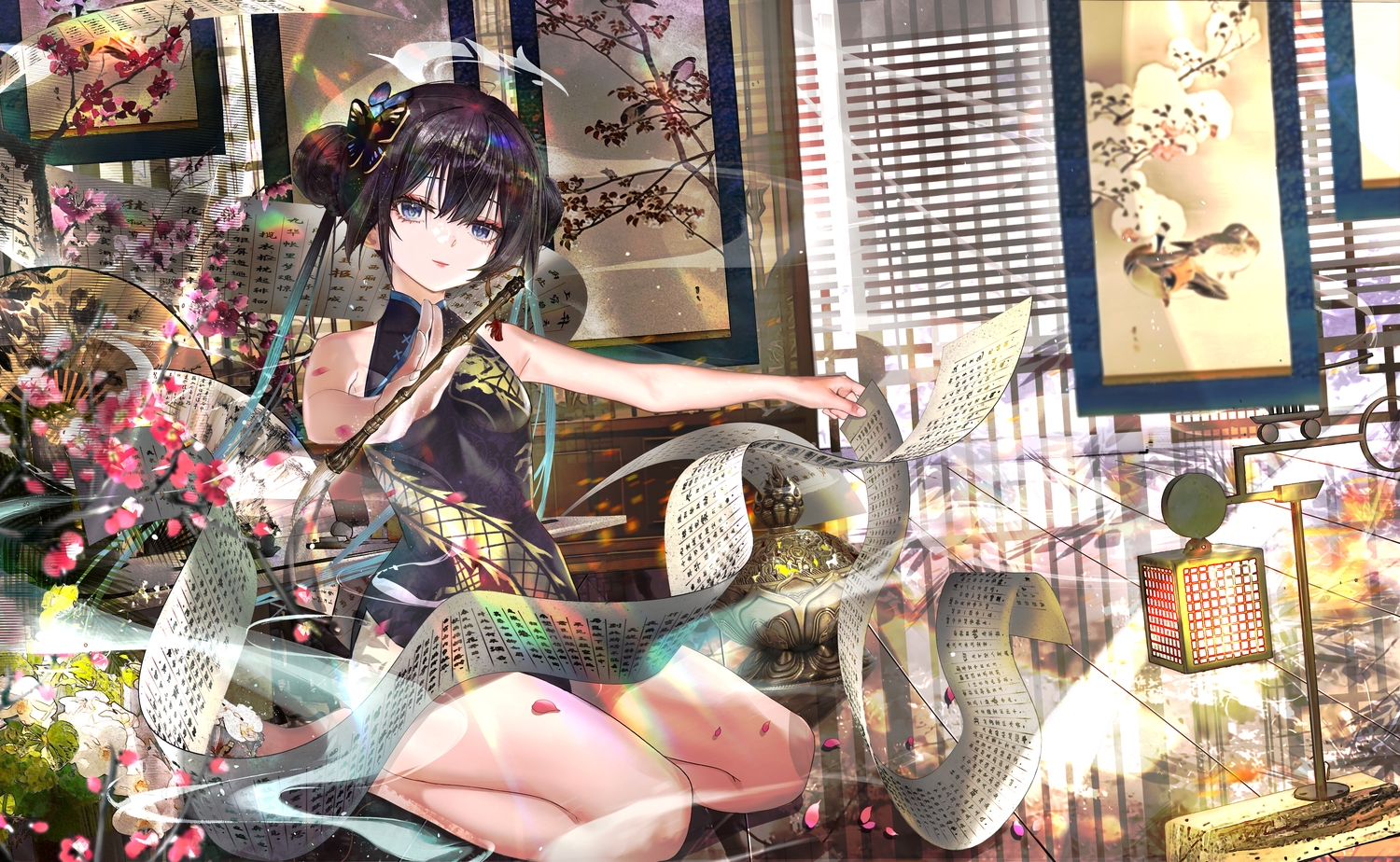 3d, black_hair, blue_archive, chinese_clothes, chinese_dress, dress, fan, flowers