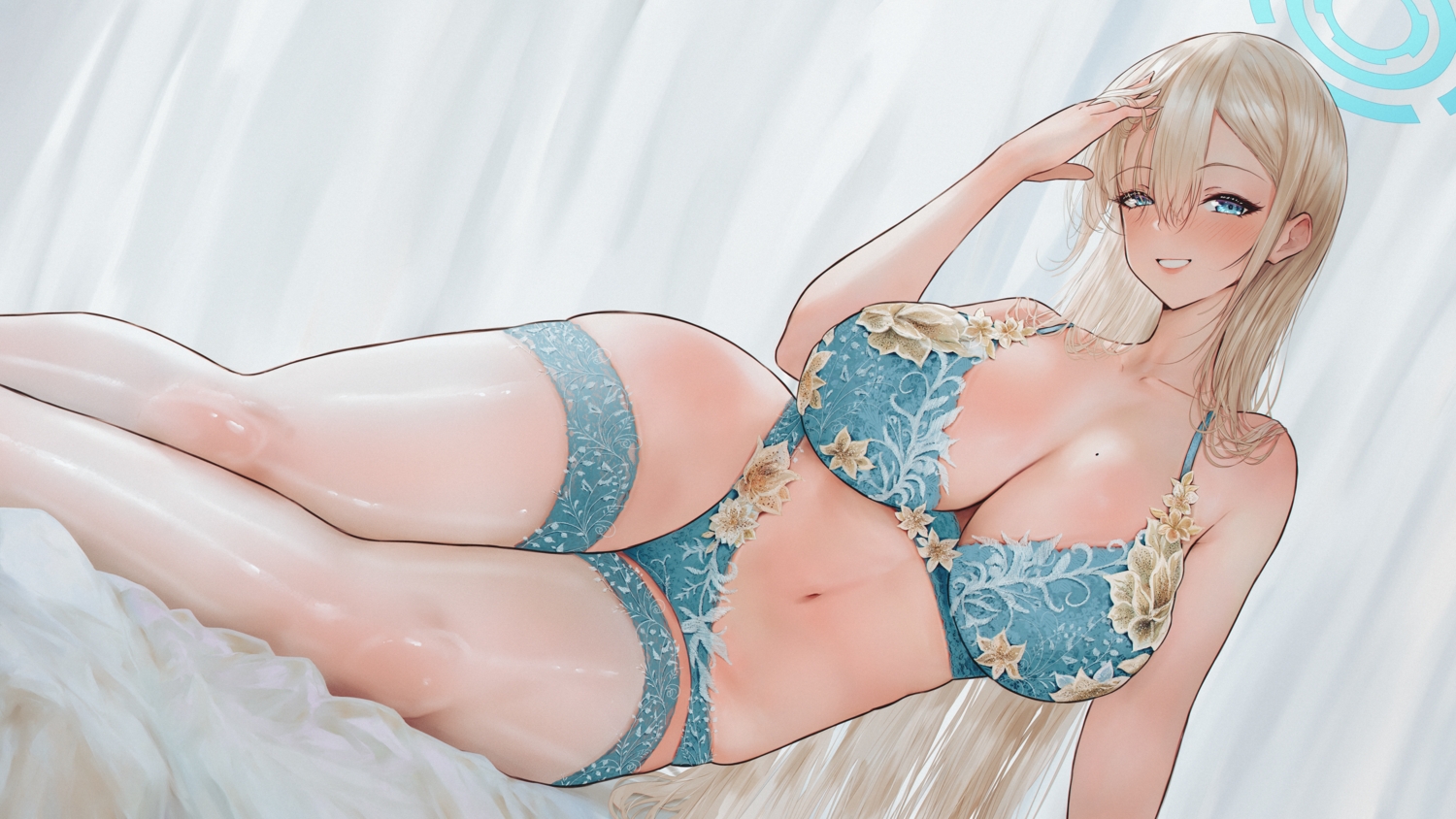 blue_archive, blue_eyes, bra, breasts, brown_hair, cleavage, garter, halo, ichinose_asuna, kitsune_neko, navel, panties, underwear
