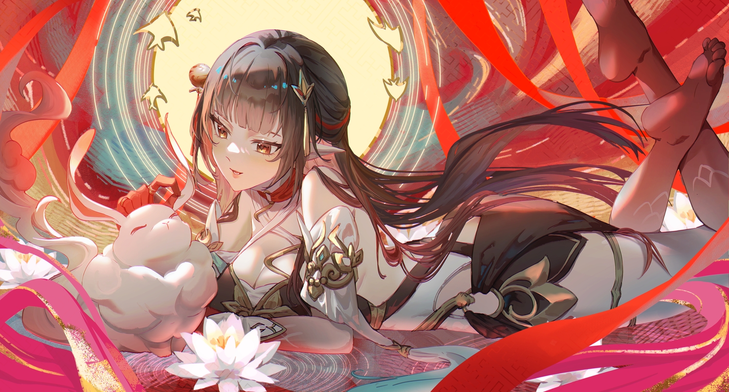 allenerie, animal, breasts, brown_hair, cleavage, dress, flowers, garter, honkai_(series), honkai:_star_rail, lingsha_(honkai:_star_rail), long_hair, pointed_ears, rabbit, red_eyes