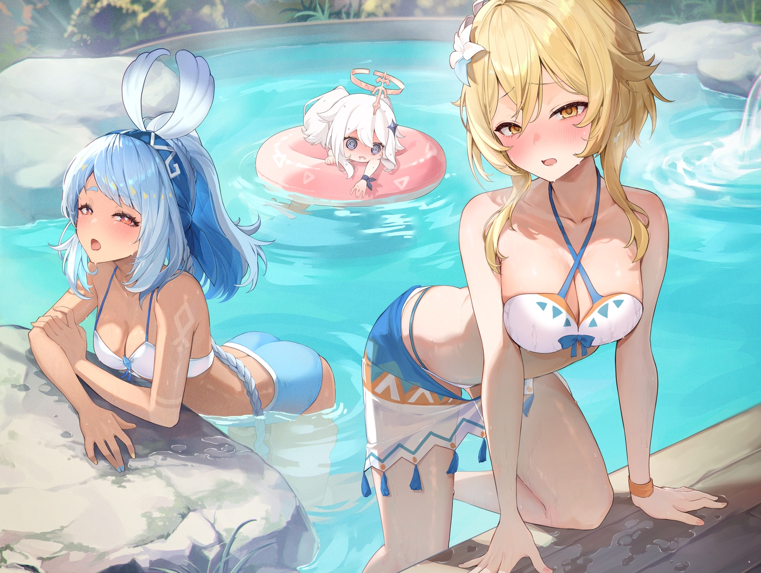 ass, bikini, black_eyes, blonde_hair, blue_hair, blush, braids, breast_hold, breasts, chibi, cleavage, dark_skin, genshin_impact, halo, headband, lumine_(genshin_impact), mualani_(genshin_impact), onsen, orange_eyes, paimon_(genshin_impact), pi_tayuko, ponytail, red_eyes, short_hair, swim_ring, swimsuit, twintails, water, white_hair, wristwear