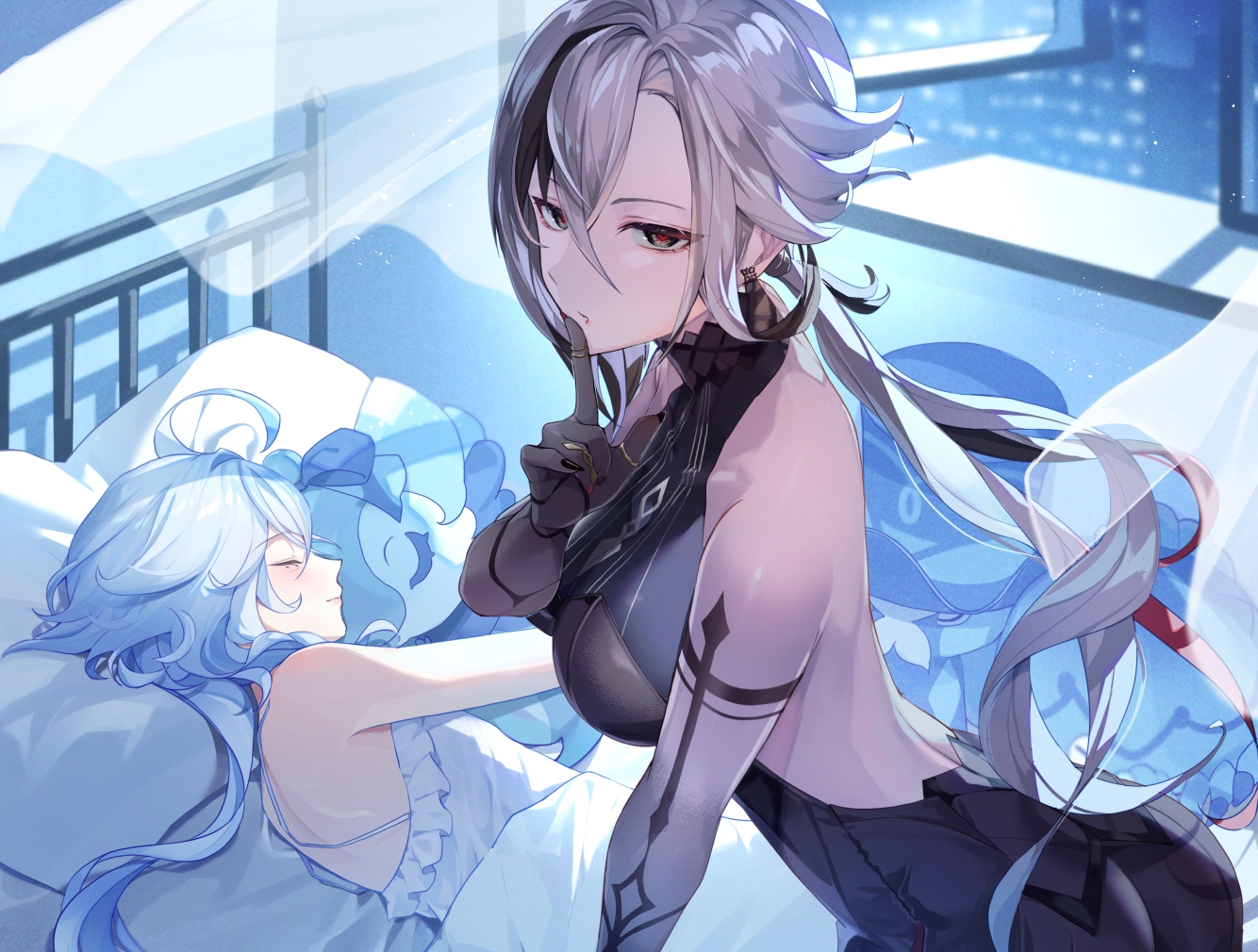 2girls, arlecchino_(genshin_impact), ass, bed, black_eyes, blue_hair, breasts, building