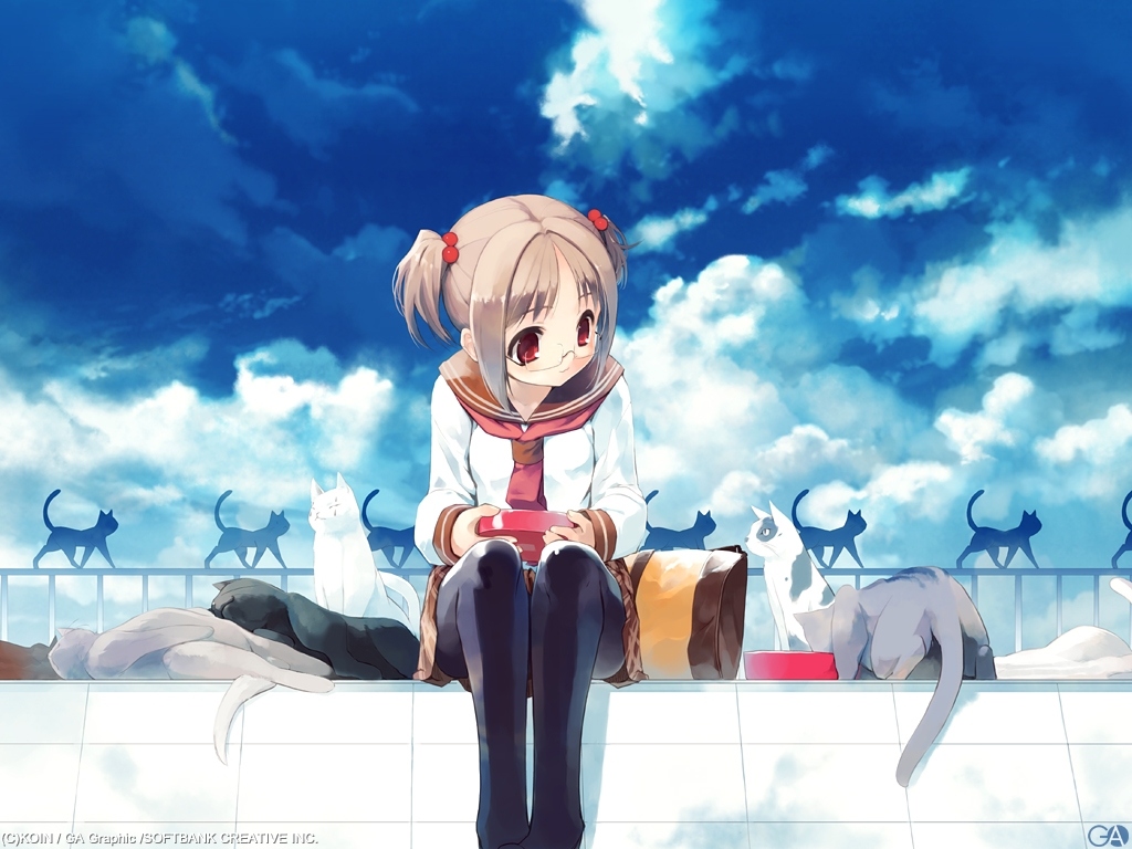 animal, brown_hair, cat, clouds, food, gagraphic, glasses, koin