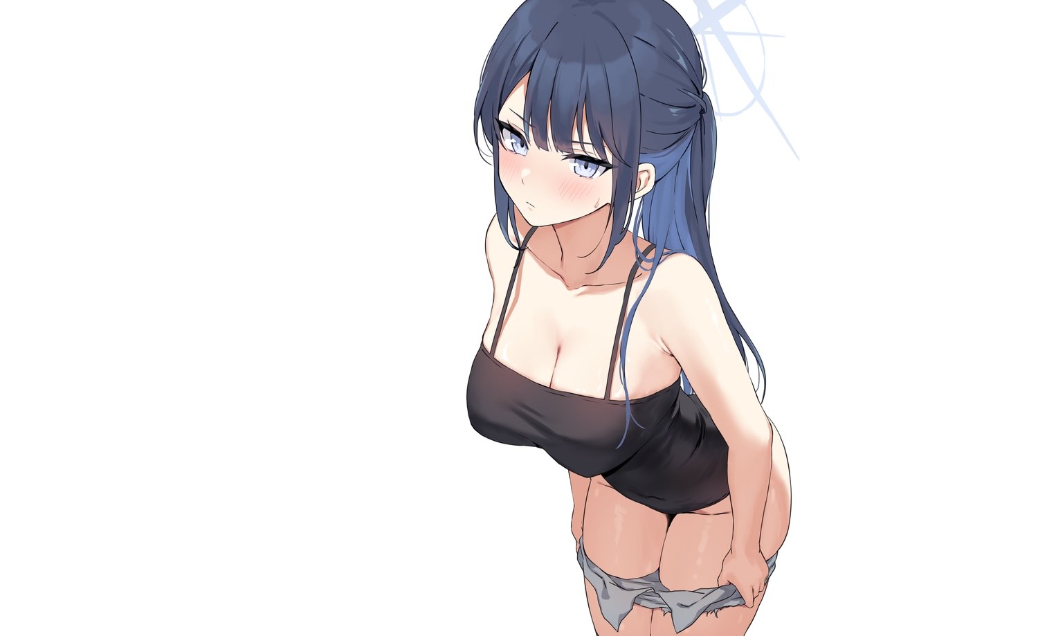 black_hair, blue_archive, blue_eyes, blush, breasts, cleavage, halo, joumae_saori