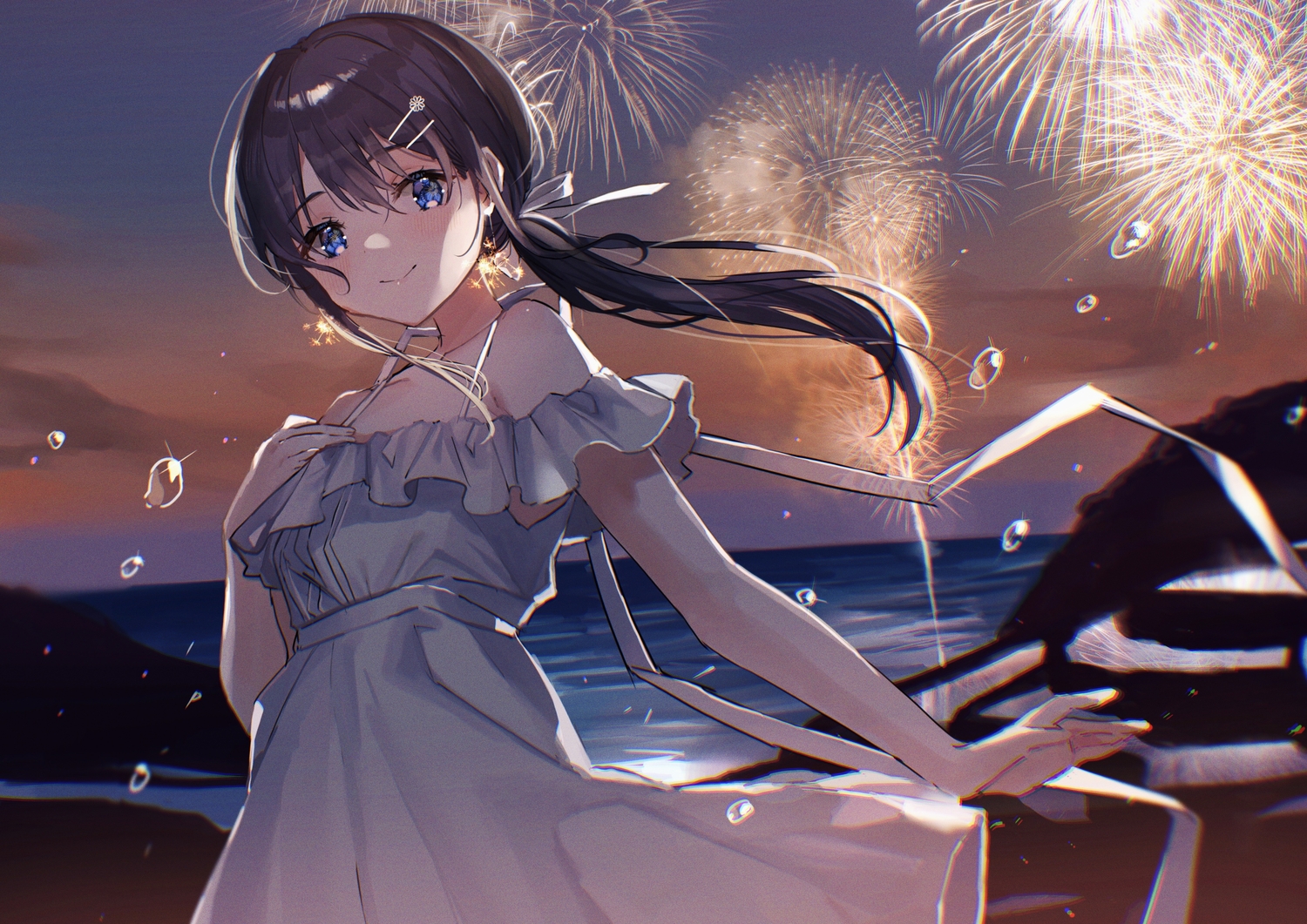 beach, black_hair, blue_eyes, blush, bow, breast_hold, clouds, dress
