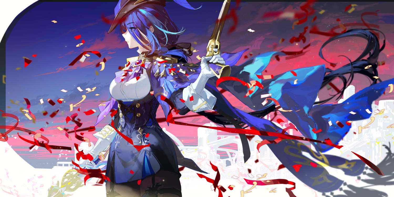 blue_hair, bow, clorinde_(genshin_impact), dress, elbow_gloves, garter_belt, genshin_impact, gloves