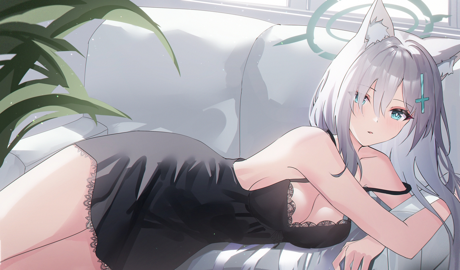 animal_ears, aqua_eyes, blue_archive, blush, breasts, cleavage, couch, gray_hair