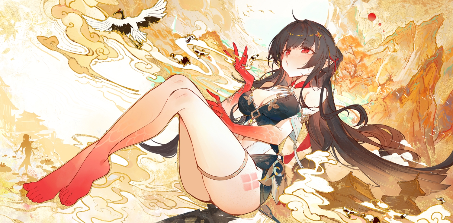 animal, barefoot, bird, black_hair, braids, breasts, building, chinese_clothes