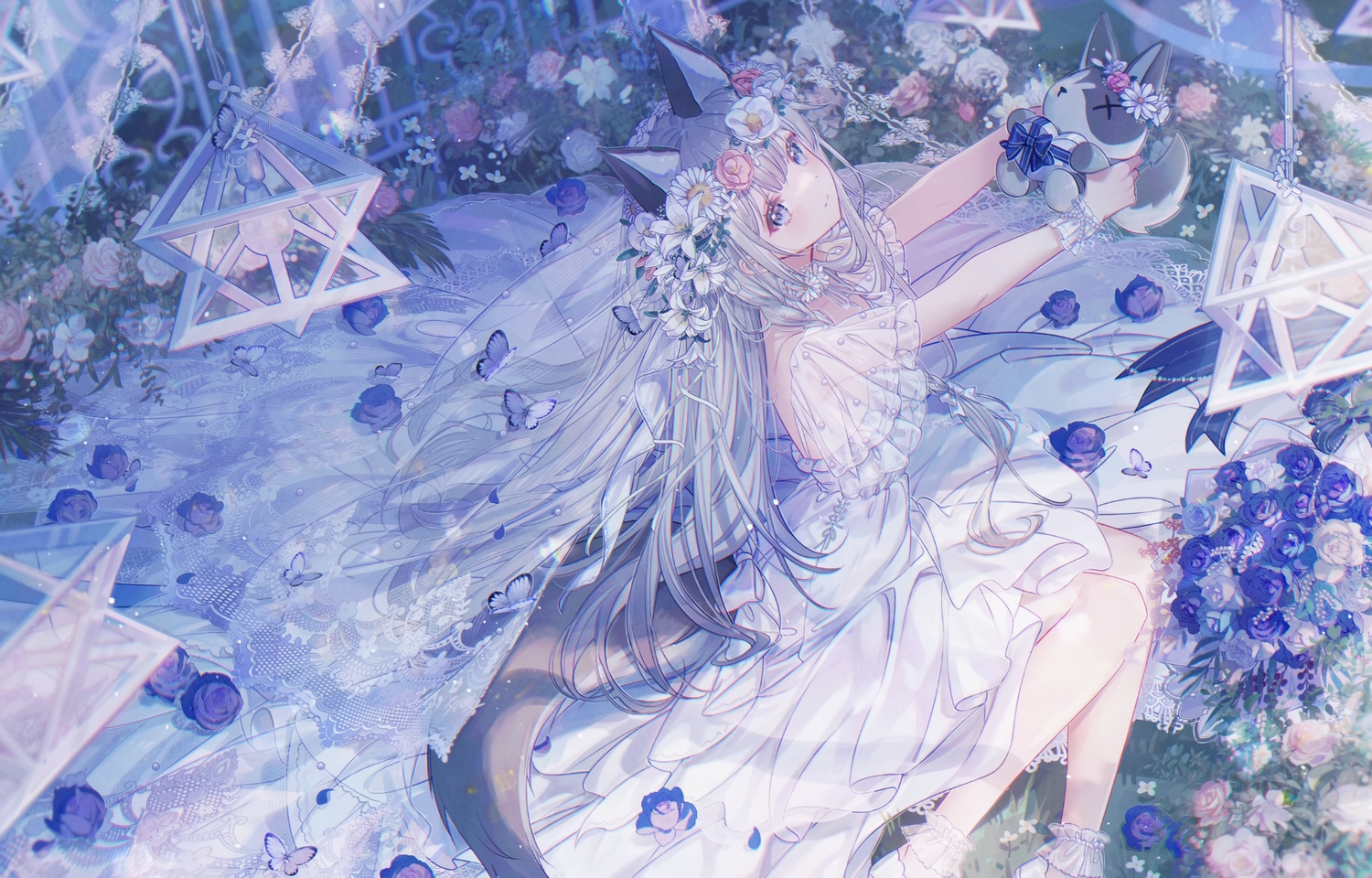 blue_eyes, blush, braids, butterfly, choker, doggirl, dress, flowers
