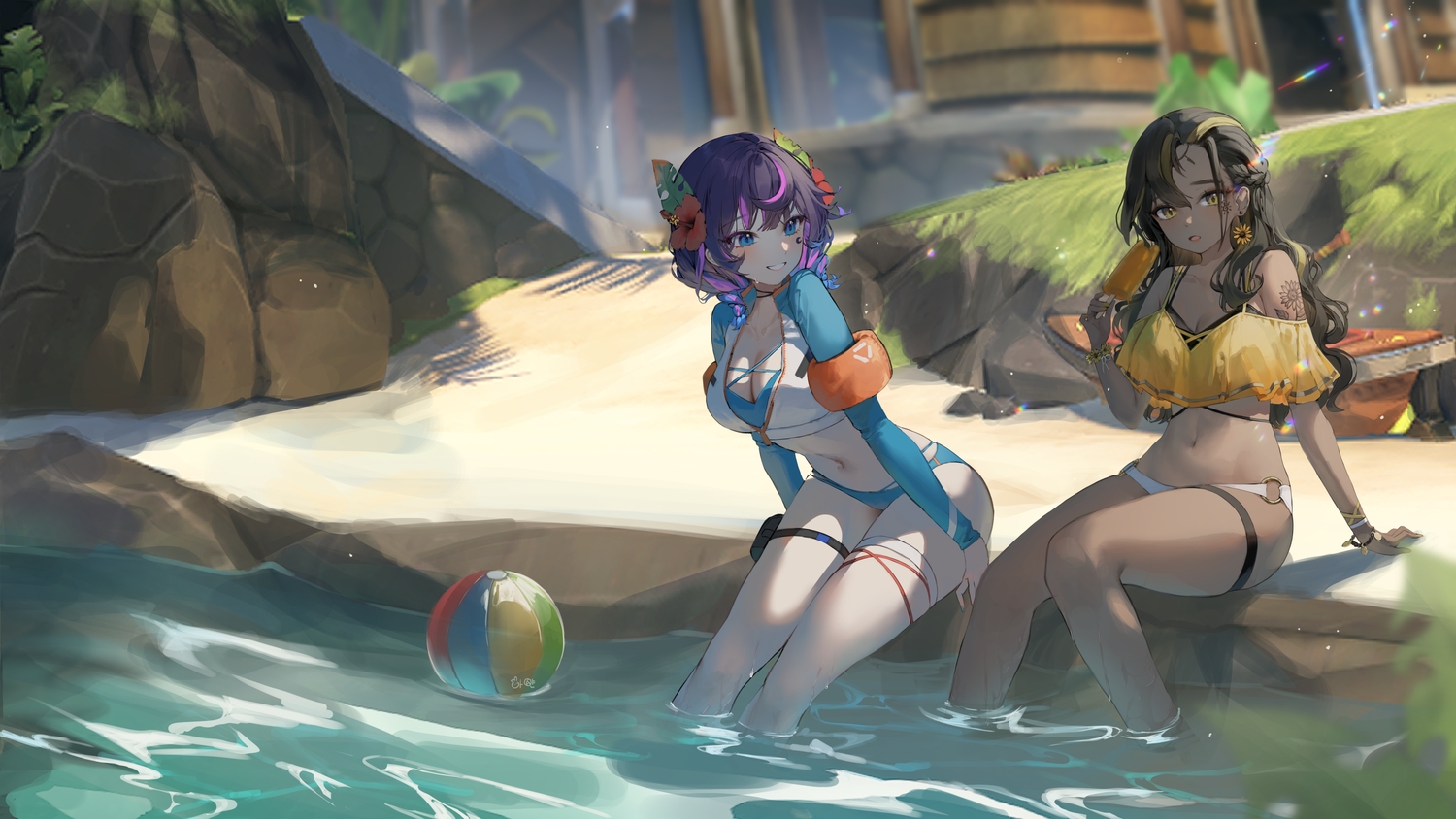 2girls, ball, beach, bikini, black_hair, blue_eyes, braids, breasts, building, choker, cleavage, dark_skin, flowers, garter, illari_(overwatch), juno_(overwatch), long_hair, navel, overwatch, popsicle, purple_hair, shade, shiro_albino, short_hair, signed, swimsuit, tattoo, twintails, water, wristwear, yellow_eyes