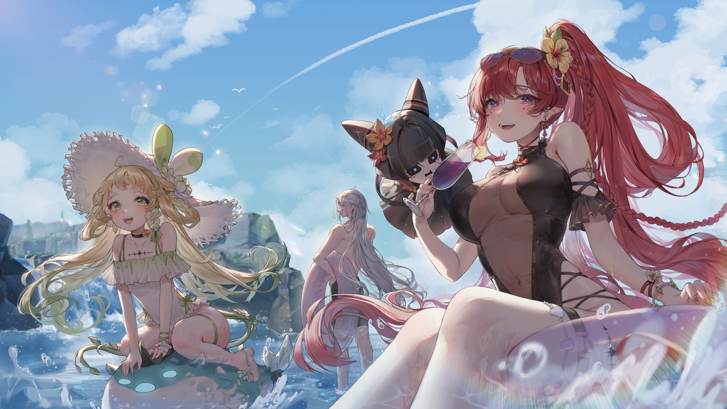 animal, blonde_hair, blue_eyes, blush, braids, breasts, calcharo_(wuthering_waves), choker, cleavage, clouds, doll, drink, fish, garter, gray_hair, green_eyes, hat, loli, long_hair, male, navel, pointed_ears, puppet, purple_eyes, red_hair, see_through, shiro_albino, shorts, signed, skintight, sky, sunglasses, swim_ring, swimsuit, verina_(wuthering_waves), water, waterfall, wristwear, wuthering_waves, yinlin_(wuthering_waves)
