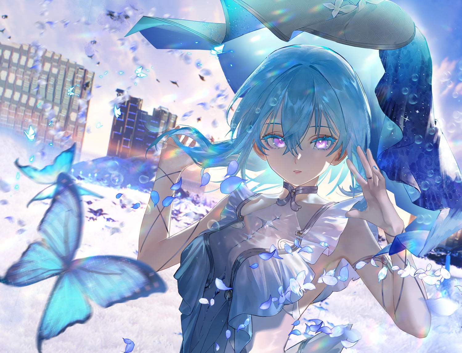 aqua_hair, butterfly, choker, close, clouds, dress, headdress, jin_sumire, petals, purple_eyes, shorekeeper_(wuthering_waves), sky, wristwear, wuthering_waves