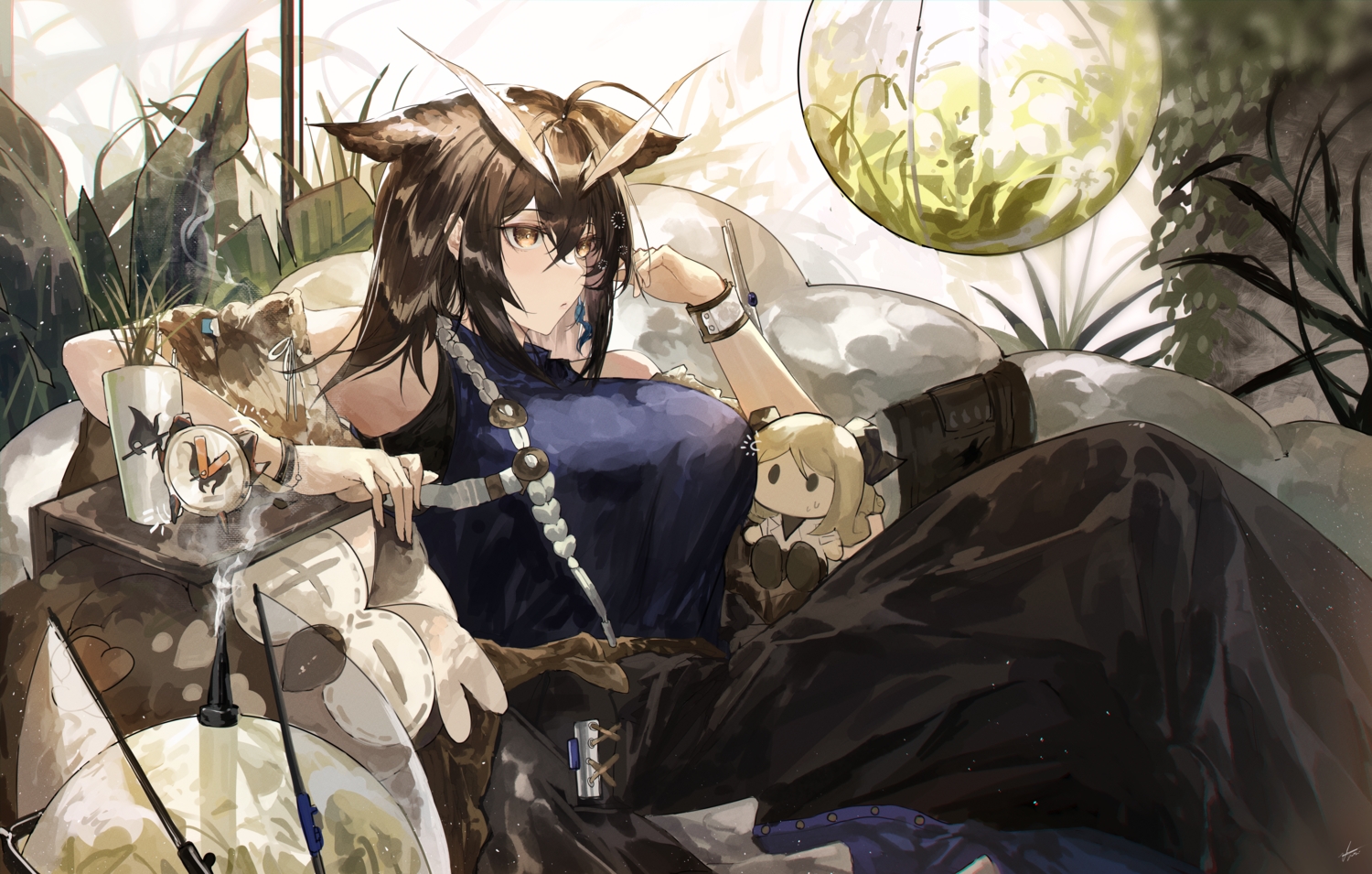 arknights, breasts, brown_eyes, brown_hair, doll, leaves, short_hair, silence_(arknights)