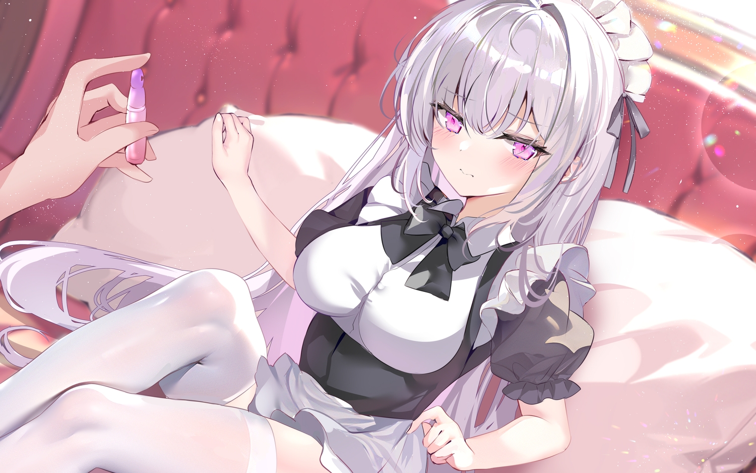 blush, couch, gray_hair, headdress, long_hair, maid, original, pink_eyes