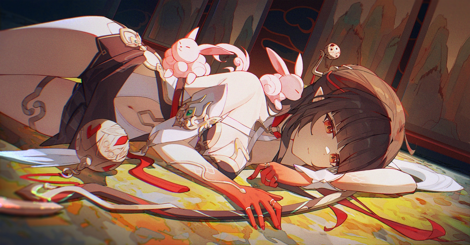 animal, breasts, brown_hair, chinese_clothes, cleavage, dress, garter, gleam_lin_shi, honkai_(series), honkai:_star_rail, lingsha_(honkai:_star_rail), navel, pointed_ears, rabbit, red_eyes