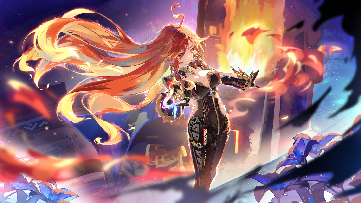 bodysuit, breasts, cleavage, fire, flowers, genshin_impact, gloves, long_hair