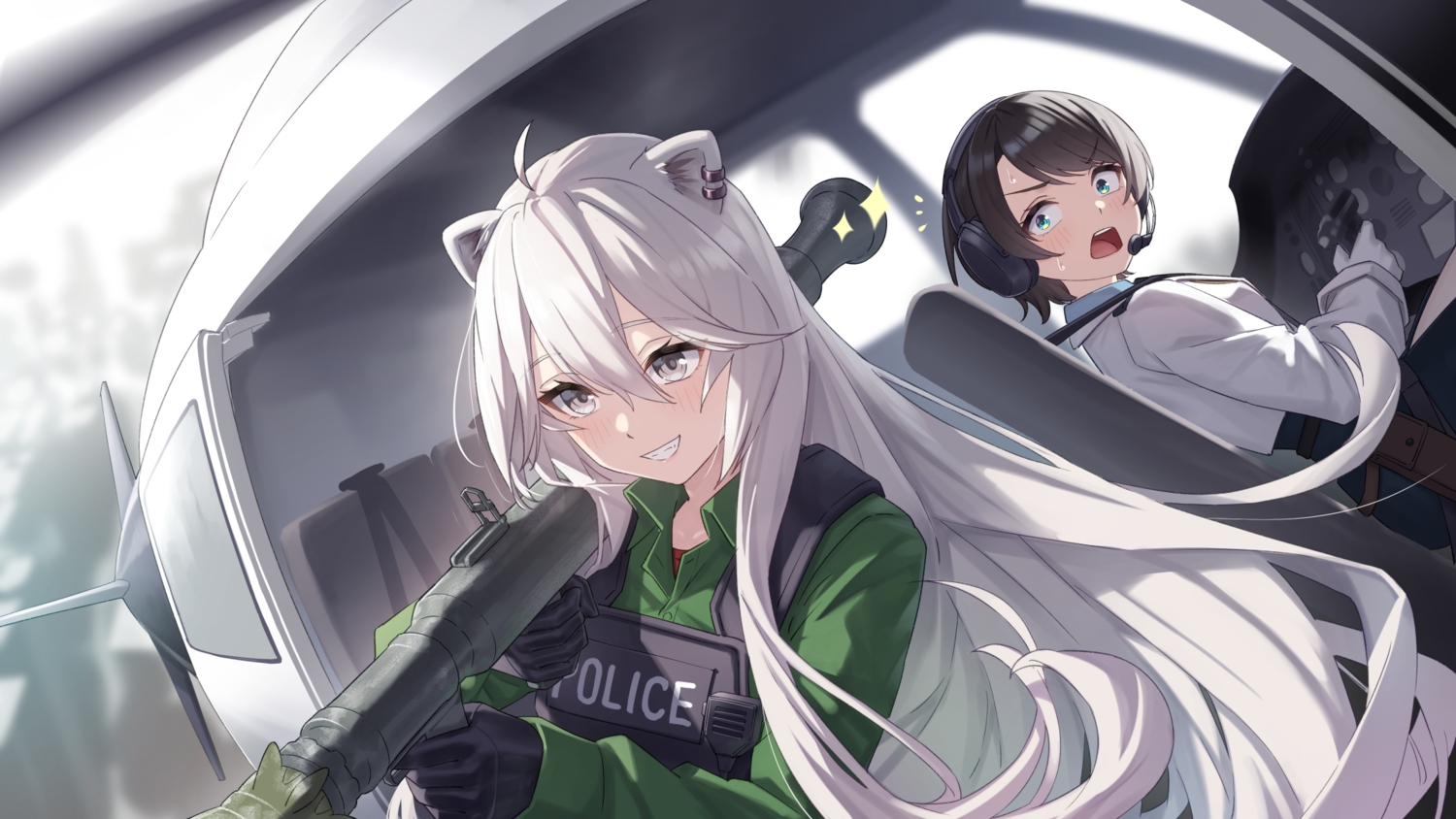 2girls, aircraft, animal_ears, aqua_eyes, armor, black_hair, blush, catgirl