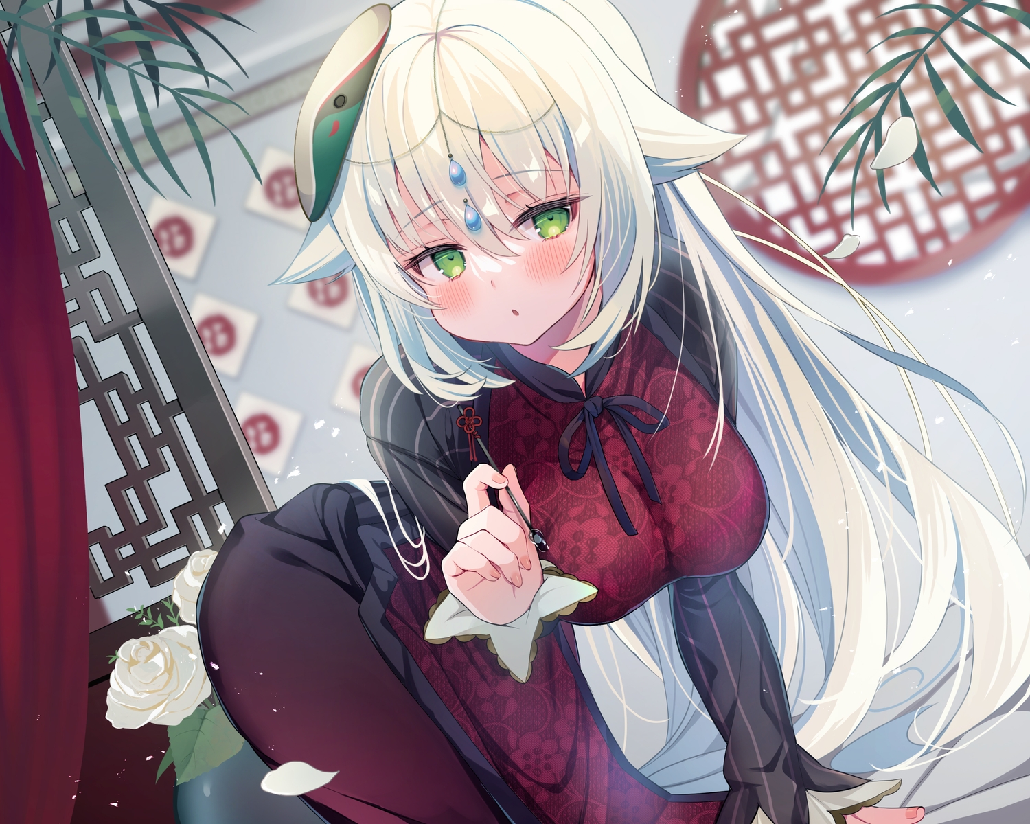 blush, chinese_clothes, chinese_dress, dress, ebihara_beniko, gray_hair, green_eyes, headdress