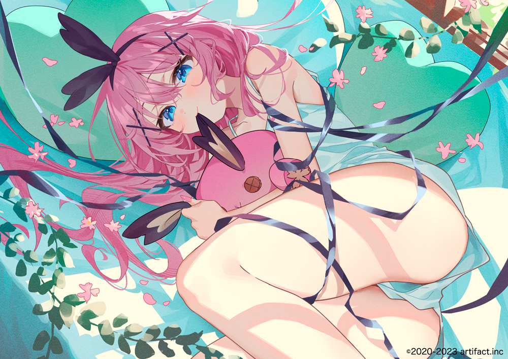 blue_eyes, blush, flowers, headband, indie_virtual_youtuber, kanzaki_ouka_(vtuber), leaves, long_hair