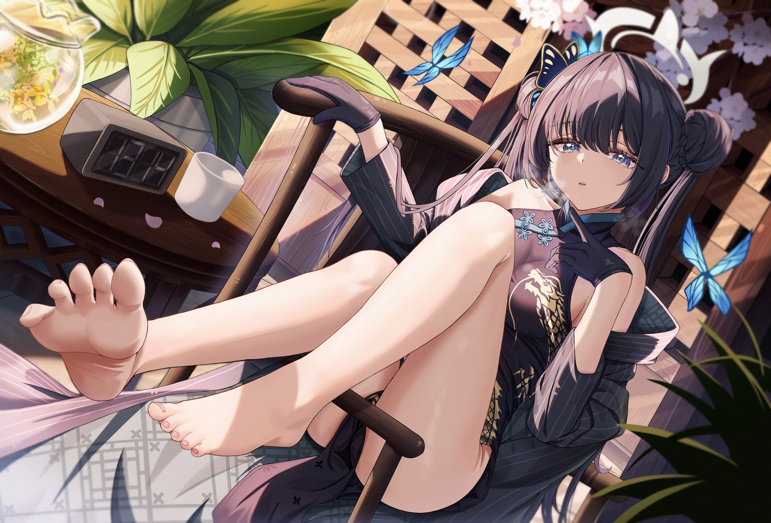 3d, about_fg, barefoot, black_hair, blue_archive, butterfly, chinese_clothes, chinese_dress, dress, gloves, gray_eyes, halo, leaves, long_hair, purple_hair, ryuuge_kisaki, twintails