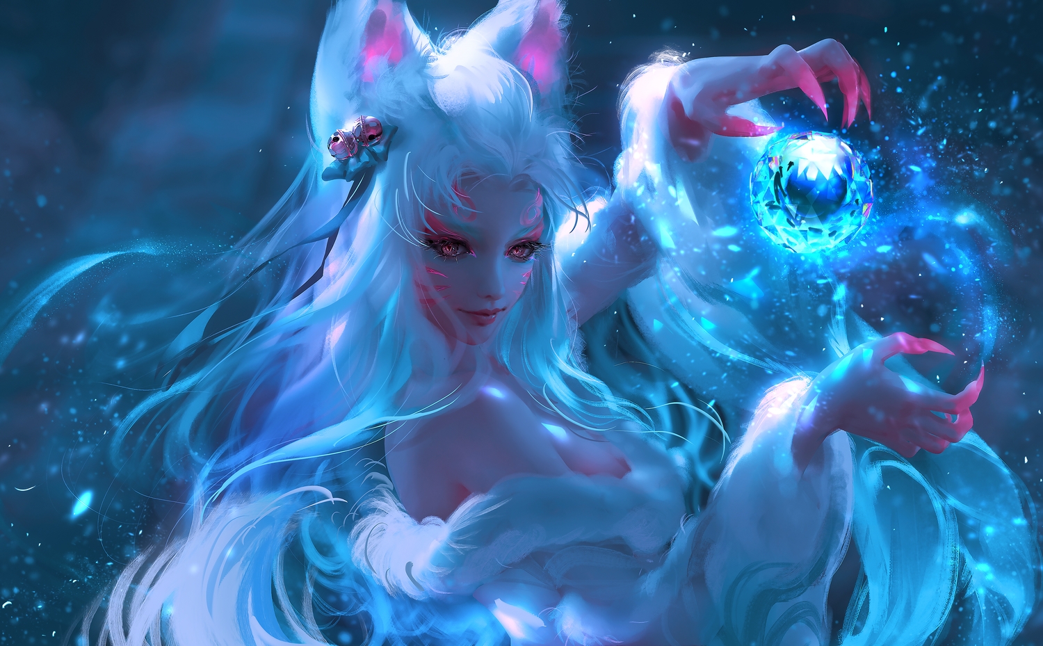ahri_(league_of_legends), animal_ears, ball, bell, blue, japanese_clothes, kimono, league_of_legends