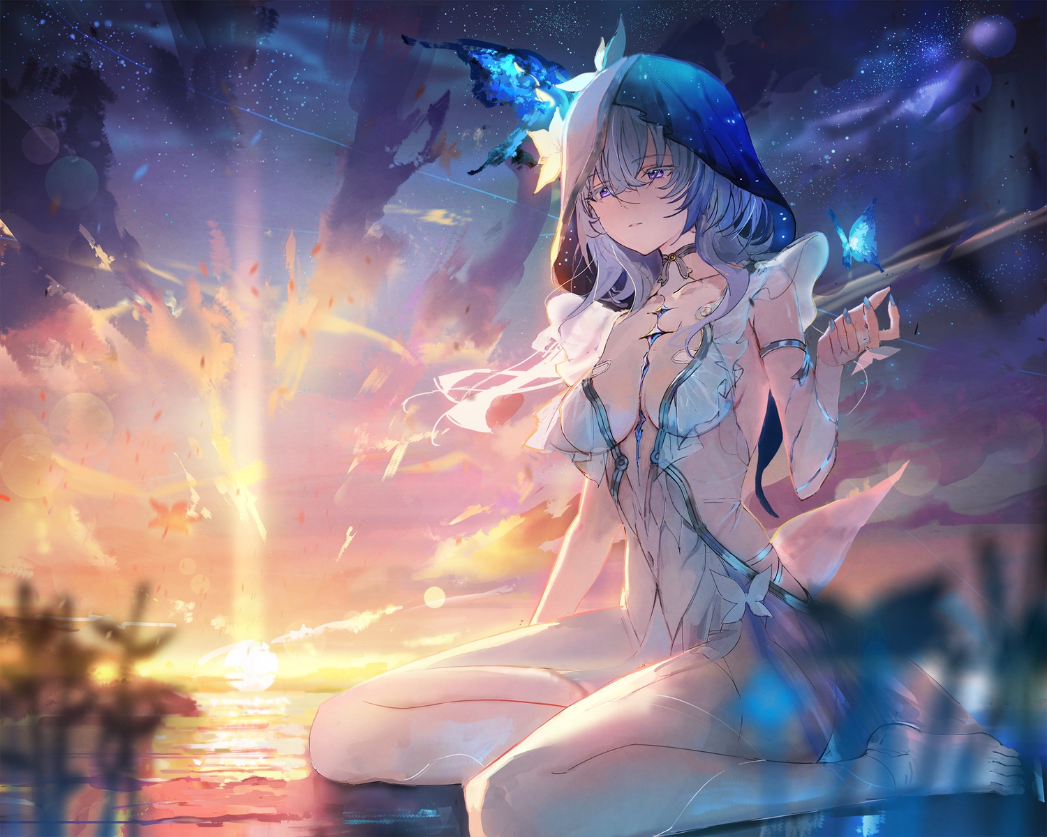 barefoot, beach, blue_hair, breasts, butterfly, cleavage, clouds, dress