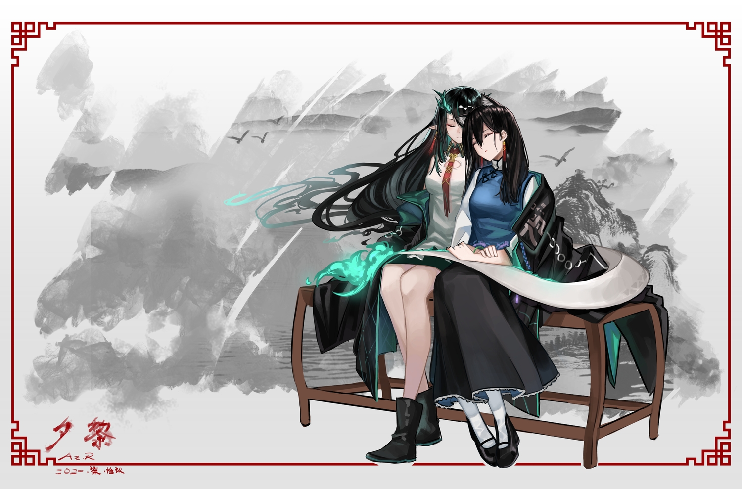 2girls, animal_ears, aoki_(areek0okl), arknights, black_hair, breasts, brown_hair, catgirl, chinese_clothes, chinese_dress, dawn_(arknights), dress, dusk_(arknights), horns, long_hair, pointed_ears, yuri