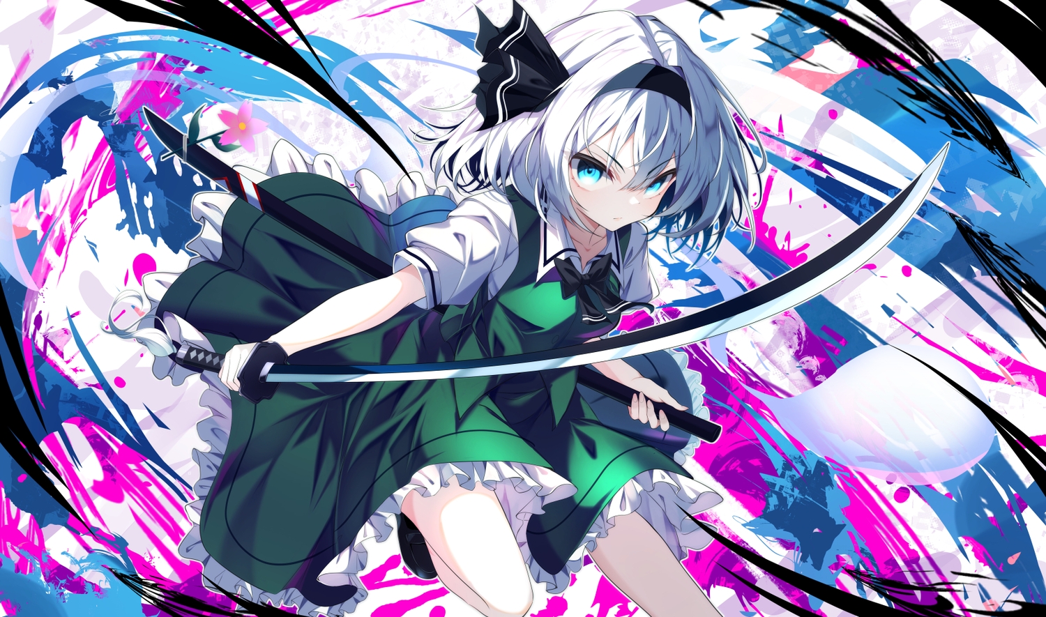 aliasing, aqua_eyes, bow, dress, headband, katana, konpaku_youmu, myon