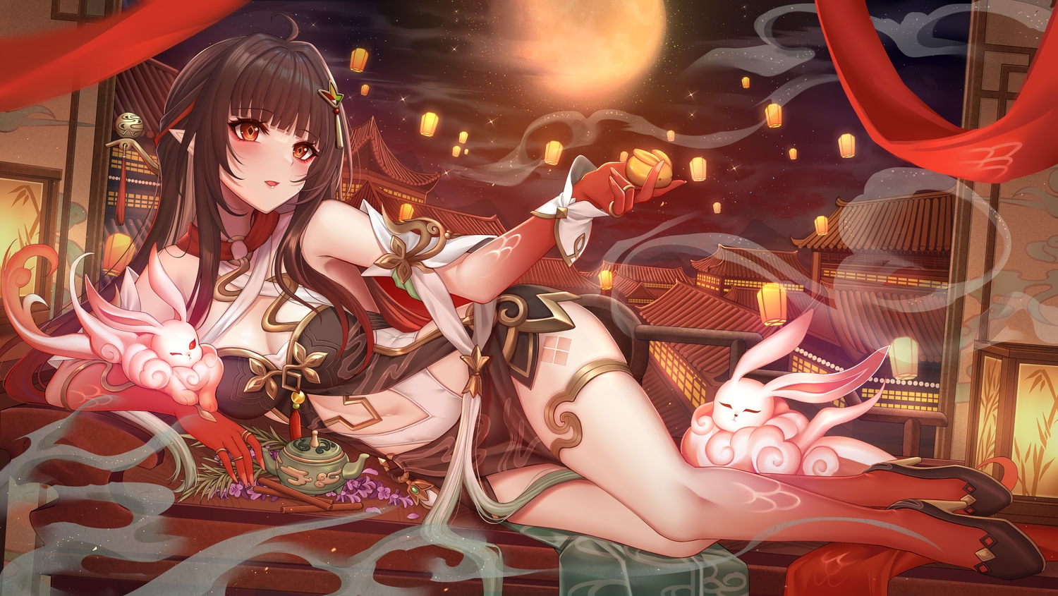 animal, blush, breasts, brown_hair, building, chinese_clothes, cleavage, dress