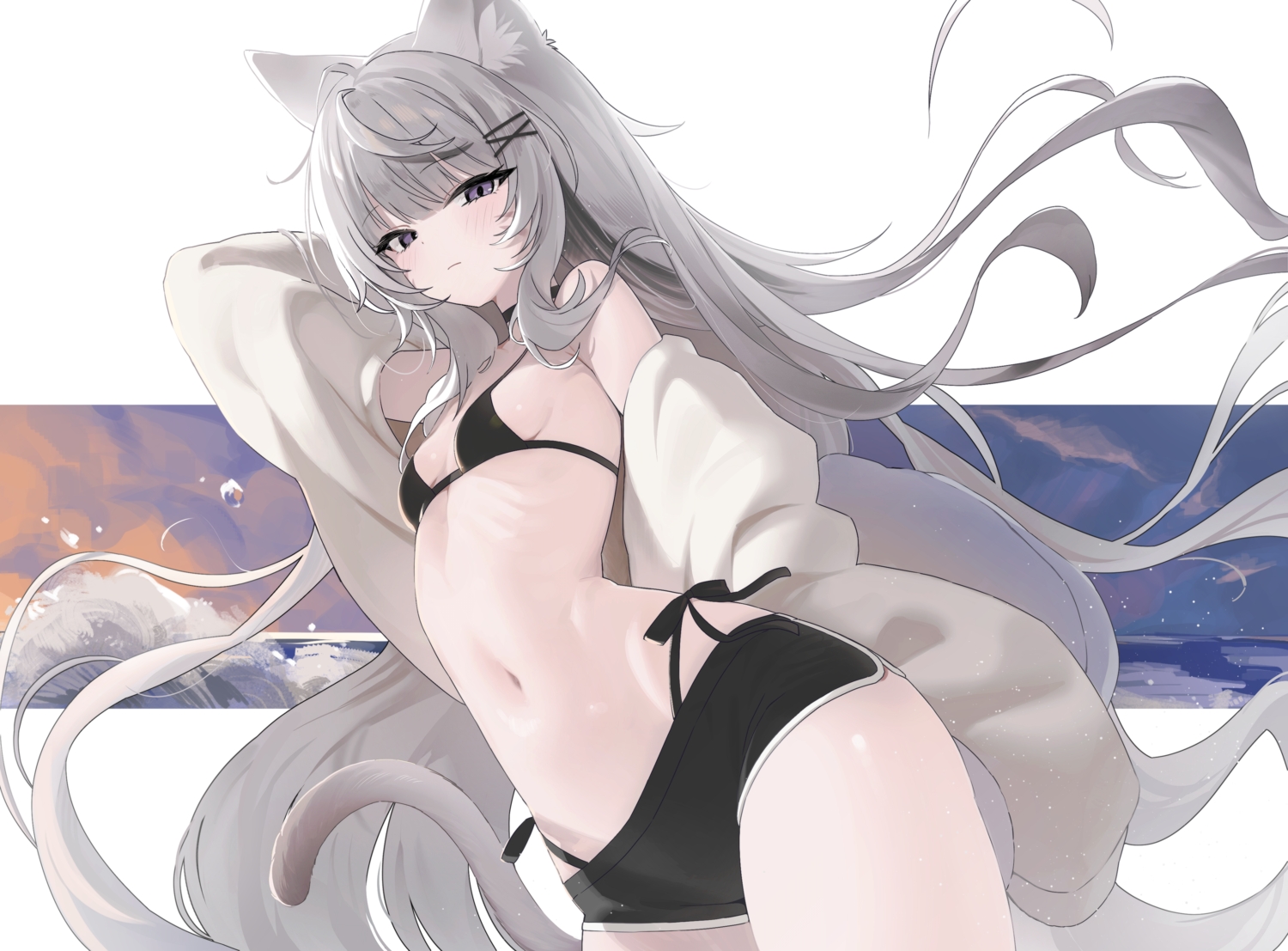 animal_ears, bikini, blush, breasts, catgirl, clouds, gray_eyes, gray_hair, long_hair, navel, original, raku_(inthenaraka), resia_(emonmong), shorts, sky, sunset, swimsuit, tail, water