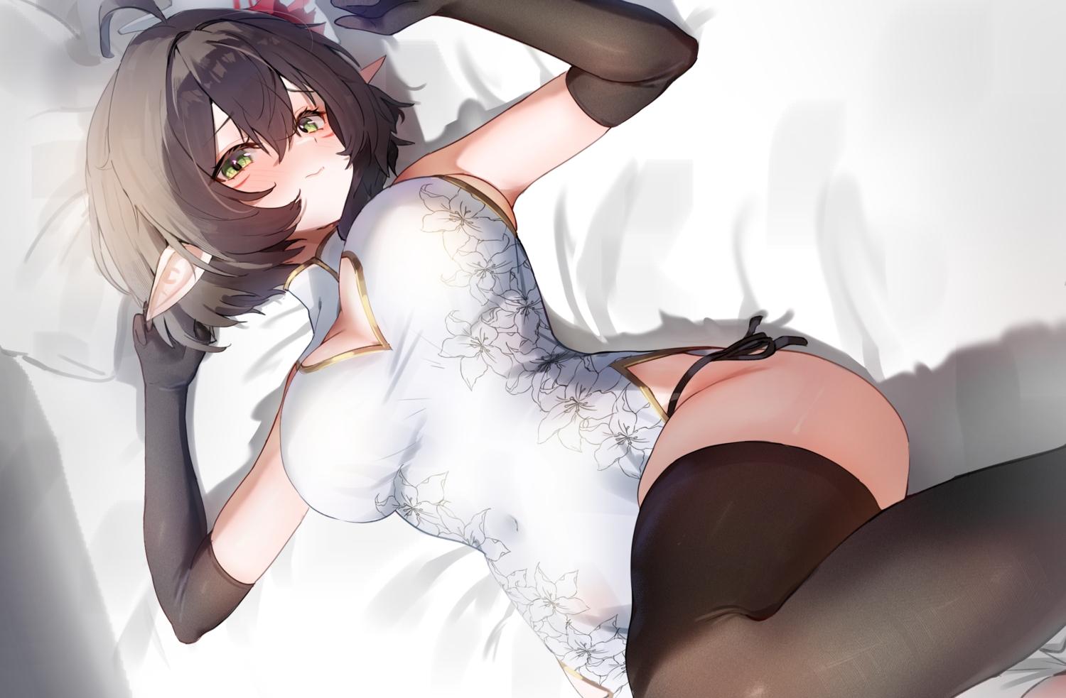 bed, black_hair, blush, breasts, chinese_clothes, chinese_dress, desire_(des1re), dress, elbow_gloves, gloves, green_eyes, original, panties, pointed_ears, short_hair, sideboob, thighhighs, underwear