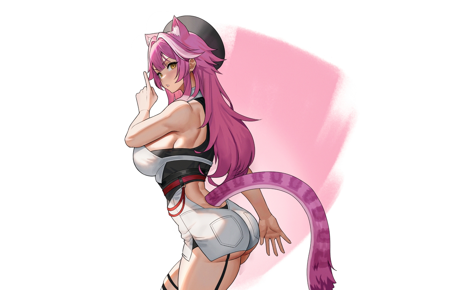 animal_ears, ass, breasts, catgirl, garter, garter_belt, hat, hololive, long_hair, pink_hair, raora_panthera, seventeencrows, shorts, tail, third-party_edit, white, yellow_eyes
