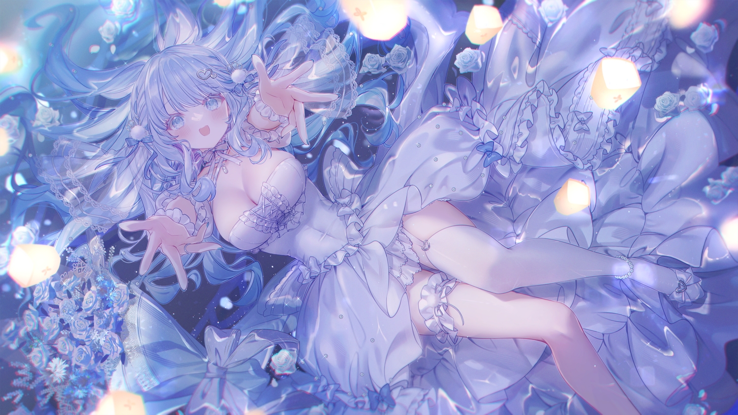 aliasing, blue, blue_eyes, blue_hair, blush, bow, breasts, choker