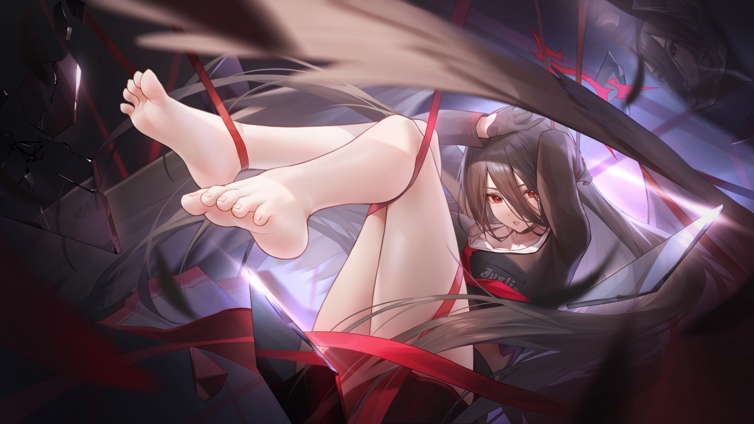 barefoot, black_hair, blue_archive, choker, gloves, halo, hanekawa_hasumi, long_hair, red_eyes, reflection, ribbons, school_uniform, skirt, tie, wings, zhenli-mari