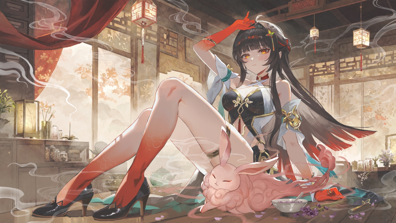 animal, black_hair, blush, chinese_clothes, choker, dress, flowers, garter, honkai_(series), honkai:_star_rail, lingsha_(honkai:_star_rail), long_hair, maria_(maria_rose), petals, pointed_ears, rabbit, red_eyes, wristwear