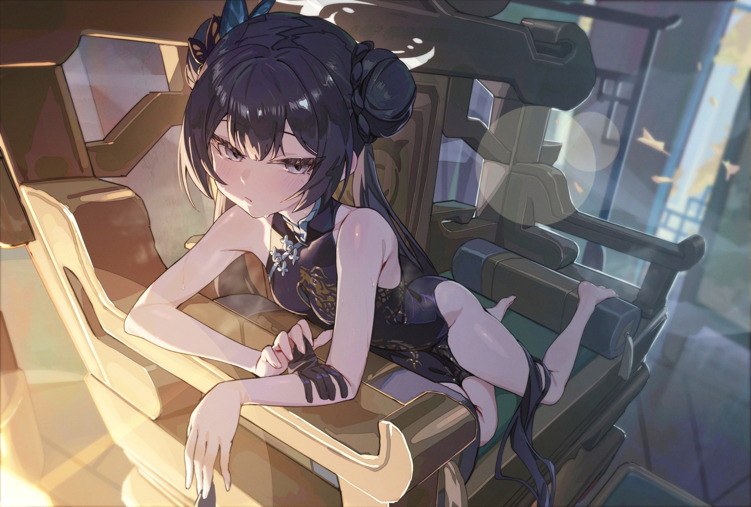 barefoot, black_hair, blue_archive, blush, braids, chinese_clothes, chinese_dress, dress, gloves, gray_eyes, halo, long_hair, nopan, r1zen, ryuuge_kisaki, twintails