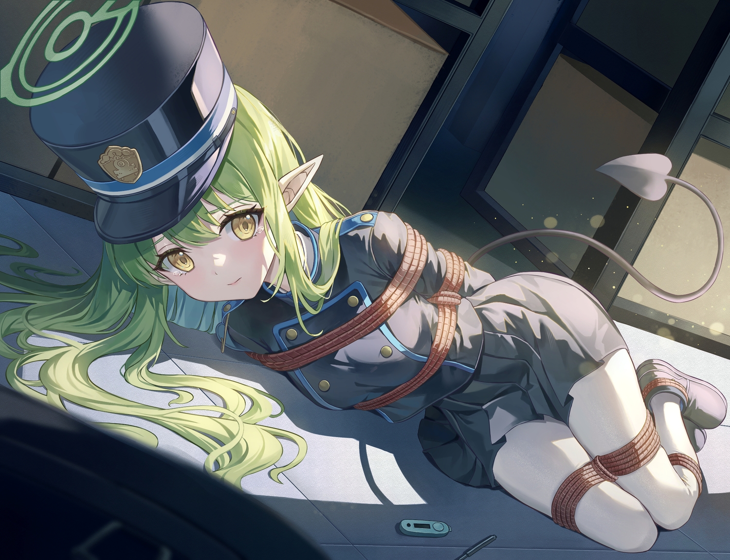 blue_archive, bondage, greenapple, green_hair, halo, hat, long_hair, pantyhose