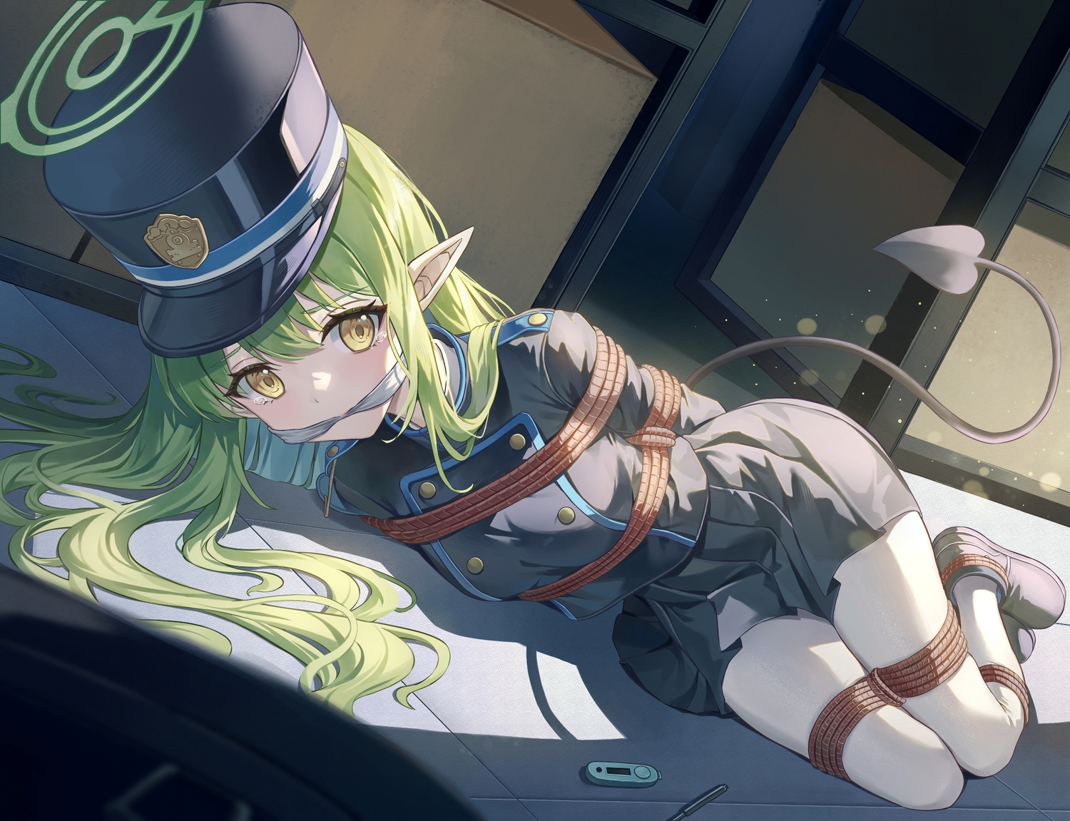 blue_archive, bondage, gag, greenapple, green_hair, halo, hat, long_hair