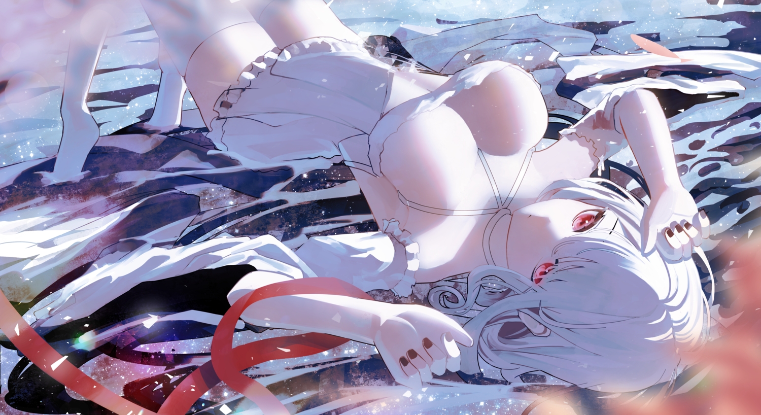 breasts, cleavage, dress, maio05321, red_eyes, ribbons, thighhighs, white_hair, zettai_ryouiki