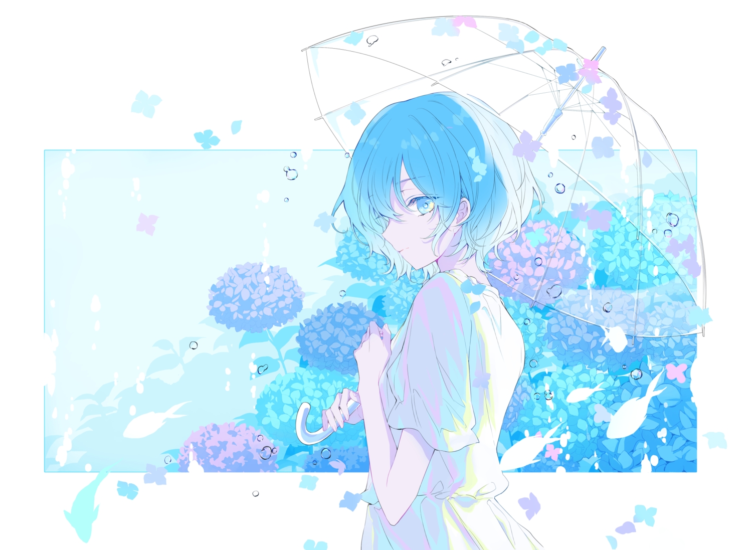 animal, aqua_eyes, aqua_hair, dress, fish, flowers, motimoti067, original, polychromatic, rain, short_hair, umbrella, water
