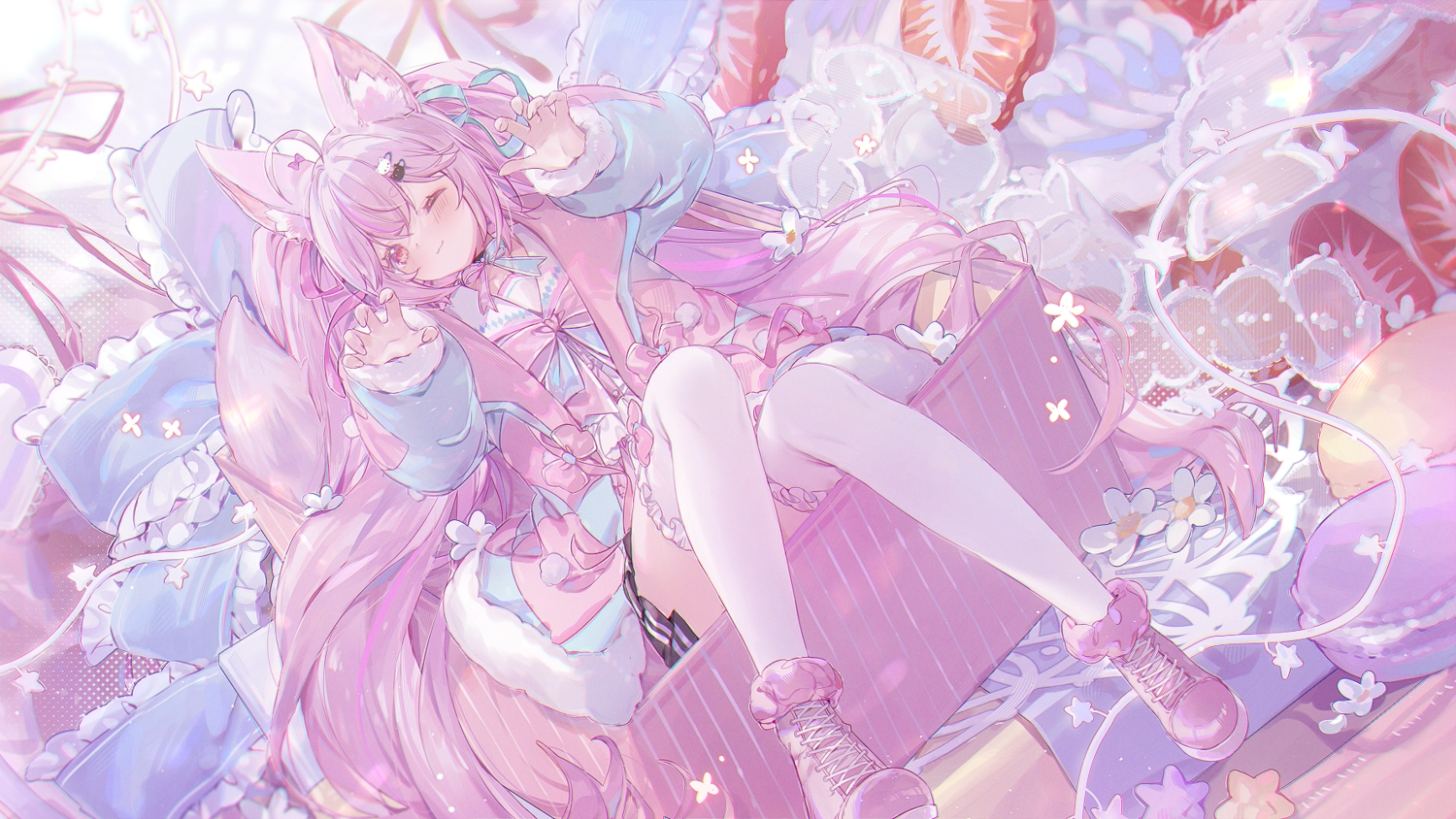 aliasing, blush, boots, bow, cake, cat_smile, choker, food, foxgirl, fruit, long_hair, original, pink_eyes, pink_hair, ribbons, school_uniform, skirt, strawberry, tail, thighhighs, twintails, umehara_sei, wink