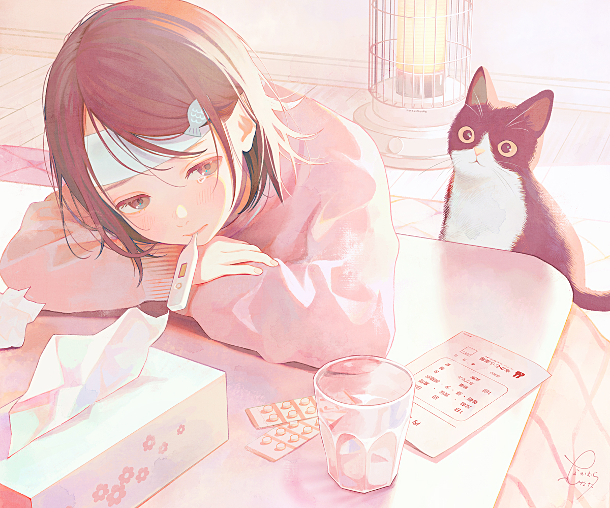 animal, blush, brown_eyes, brown_hair, cat, drink, kotatsu, nakamura_hinata