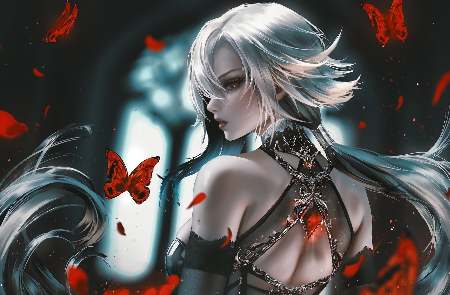 arlecchino_(genshin_impact), butterfly, close, genshin_impact, gray_hair, long_hair, nixeu, petals