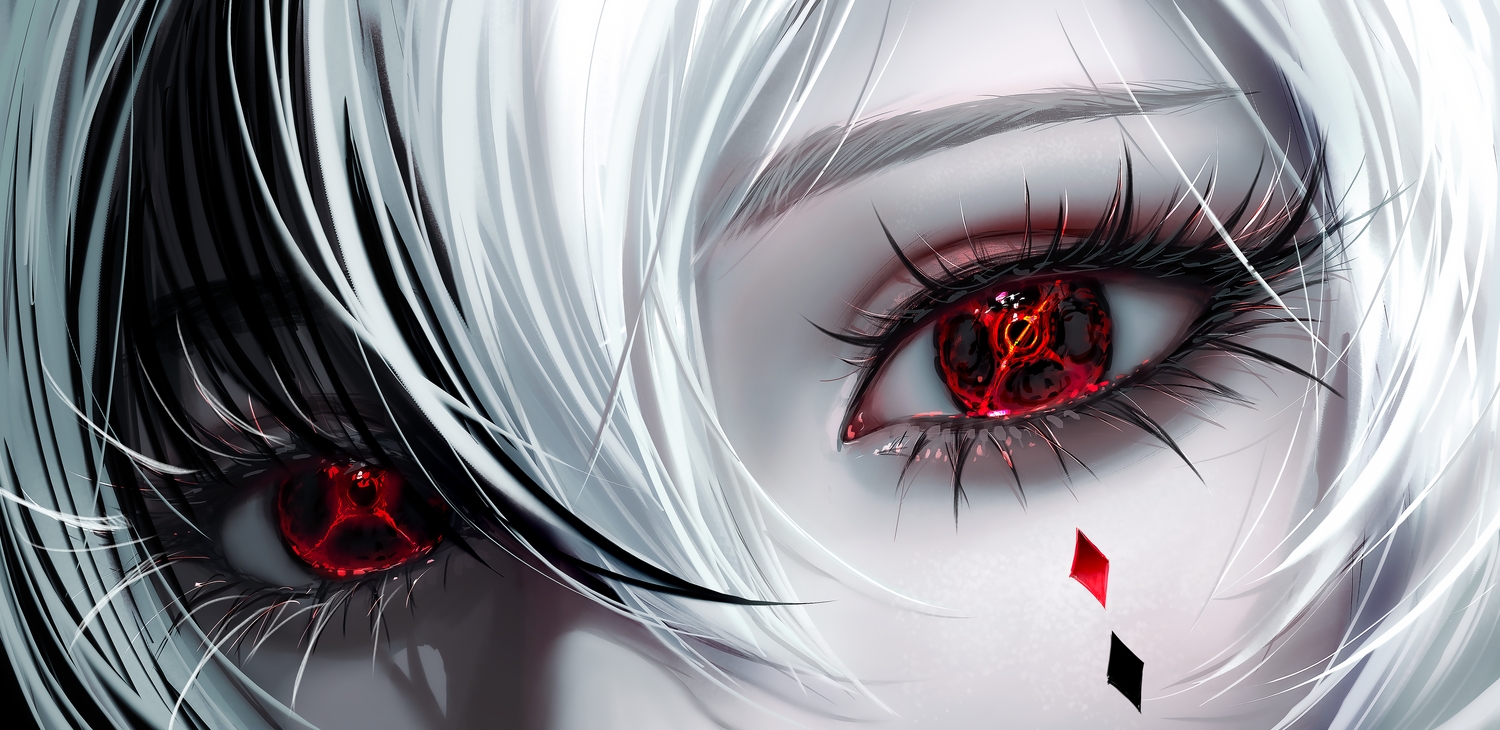 arlecchino_(genshin_impact), close, genshin_impact, nixeu, realistic, red_eyes, white_hair